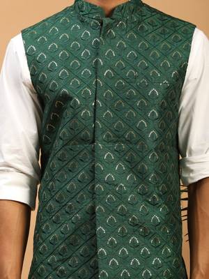 Green Silk Blend Nehru Jacket 4