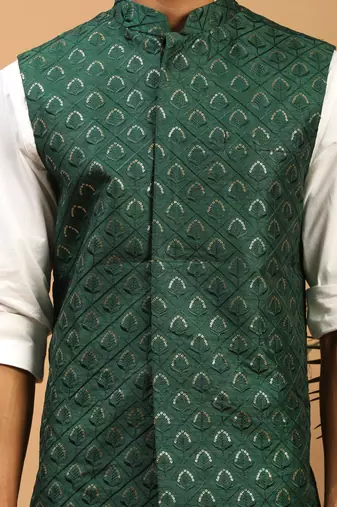 Green Silk Blend Nehru Jacket