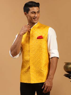 Yellow Silk Blend Nehru Jacket 2