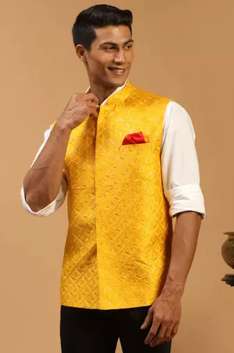 Yellow Silk Blend Nehru Jacket