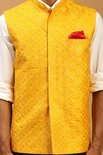 Yellow Silk Blend Nehru Jacket
