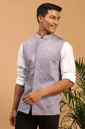 Purple Mirror Work Nehru Jacket