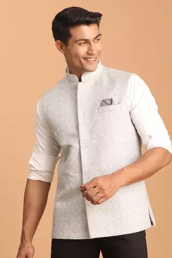 Grey Silk Blend Nehru Jacket