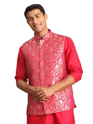 Pink Jaquard Nehru Jacket 1