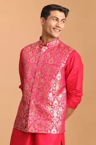 Pink Jaquard Nehru Jacket