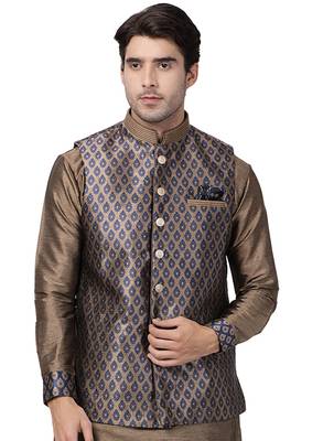 Dark Blue Silk Blend Nehru Jacket 1