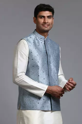 Grey Mirror Work Nehru Jacket