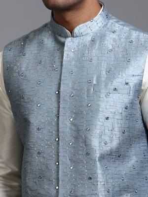 Grey Mirror Work Nehru Jacket 4