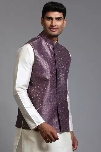 Purple Mirror Work Nehru Jacket