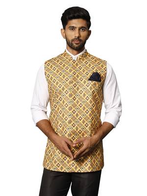 Men'S Mustard Yellow Printed Nehru Jacket 1