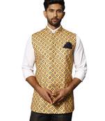 Men'S Mustard Yellow Printed Nehru Jacket