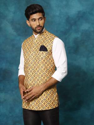 Men'S Mustard Yellow Printed Nehru Jacket 2