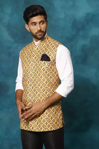 Men'S Mustard Yellow Printed Nehru Jacket