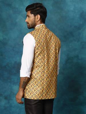 Men'S Mustard Yellow Printed Nehru Jacket 3