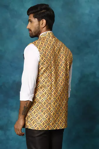 Men'S Mustard Yellow Printed Nehru Jacket