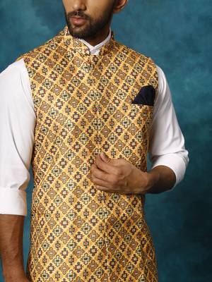 Men'S Mustard Yellow Printed Nehru Jacket 4
