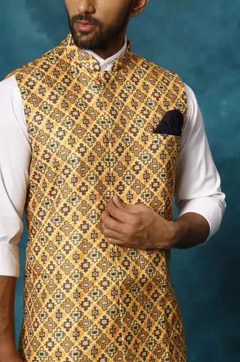 Men'S Mustard Yellow Printed Nehru Jacket