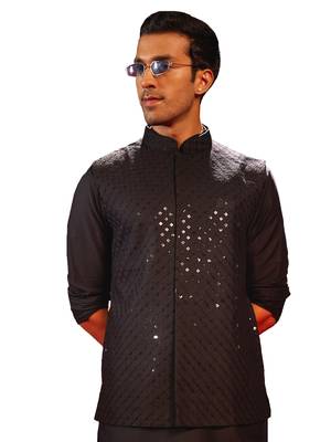 Black Silk Blend Nehru Jacket 1