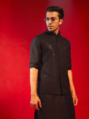 Black Silk Blend Nehru Jacket 2