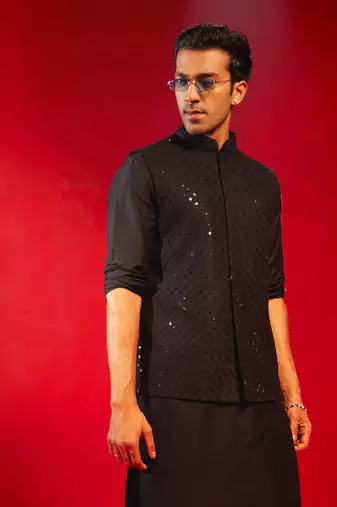 Black Silk Blend Nehru Jacket