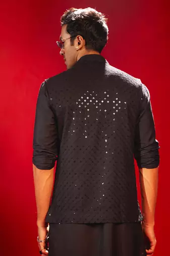 Black Silk Blend Nehru Jacket
