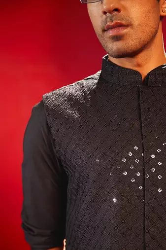 Black Silk Blend Nehru Jacket