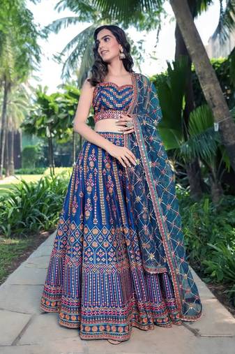 GLAMOROUS WOMEN'S BLUE SEQUINS, THREAD AND ZARI EMBROIDERED CHINON DESIGNER LEHENGA CHOLI FOR WEDDING