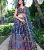 GLAMOROUS WOMEN'S BLUE SEQUINS, THREAD AND ZARI EMBROIDERED CHINON LEHENGA CHOLI FOR WEDDING