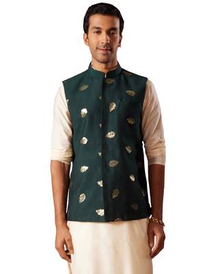Men'S Green Silk Blend Nehru Jacket 1