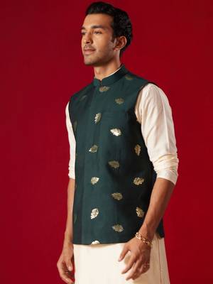 Men'S Green Silk Blend Nehru Jacket 2