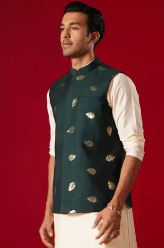 Men'S Green Silk Blend Nehru Jacket