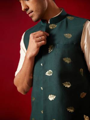 Men'S Green Silk Blend Nehru Jacket 4