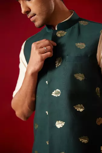 Men'S Green Silk Blend Nehru Jacket