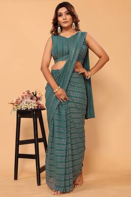 ready to wear sea green georgette saree for party and festive wear 2