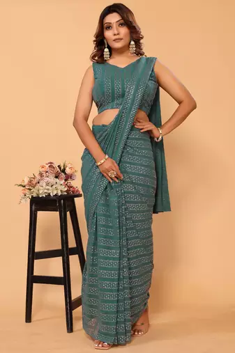 ready made sea green georgette saree for party and festive wear