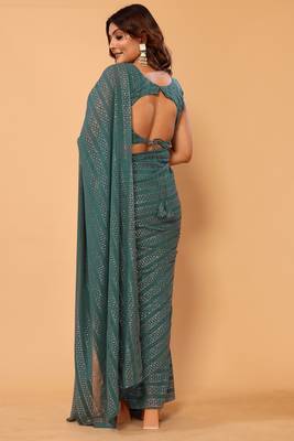 ready to wear sea green georgette saree for party and festive wear 3