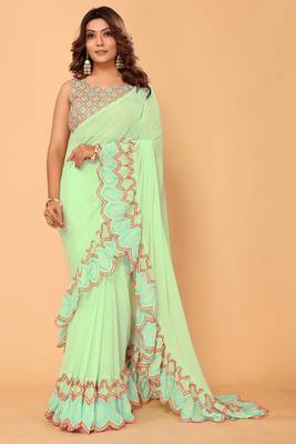 ready to wear beautiful bollywood georgette embroidery ruffle saree with unstitched heavy embroidery blouse 1