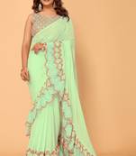 ready to wear beautiful bollywood georgette embroidery ruffle saree with unstitched heavy embroidery blouse