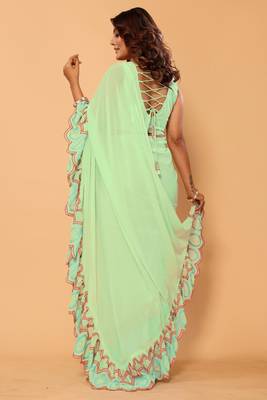 ready to wear beautiful bollywood georgette embroidery ruffle saree with unstitched heavy embroidery blouse 2