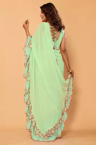 pre-stitched beautiful bollywood georgette embroidery ruffle saree with heavy embroidery blouse
