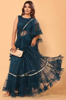 ready to wear beautiful bollywood net embroidery 3 step ruffle lace saree with unstitched heavy embroidery blouse 1