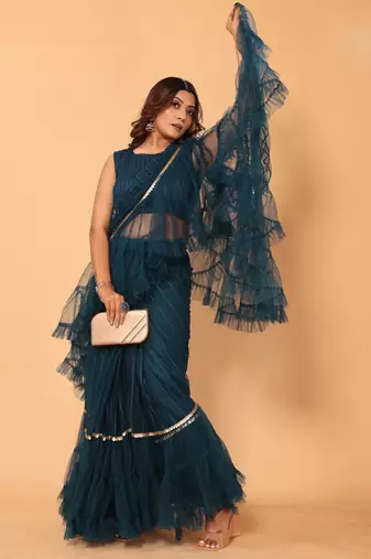 ready to wear beautiful bollywood net embroidery 3 step ruffle lace saree with heavy embroidery blouse