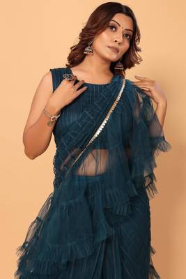 ready to wear beautiful bollywood net embroidery 3 step ruffle lace saree with unstitched heavy embroidery blouse 3