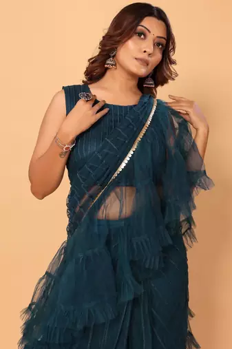 ready to wear beautiful bollywood net embroidery 3 step ruffle lace saree with heavy embroidery blouse