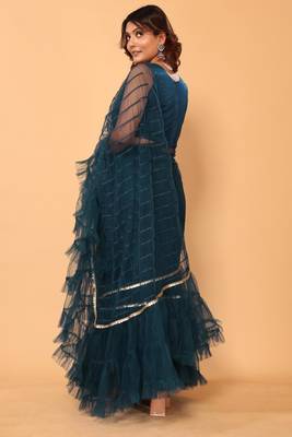 ready to wear beautiful bollywood net embroidery 3 step ruffle lace saree with unstitched heavy embroidery blouse 4