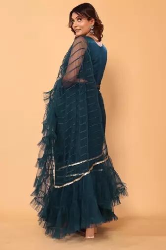 ready to wear beautiful bollywood net embroidery 3 step ruffle lace saree with heavy embroidery blouse