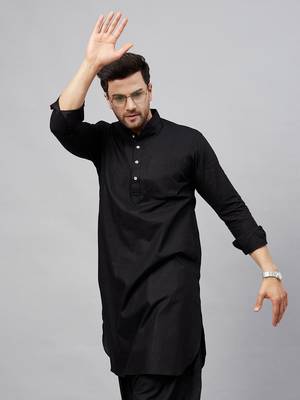 Black Cotton Linen Blend Kurta 2