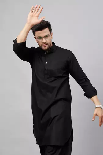 Black Cotton Linen Blend Kurta