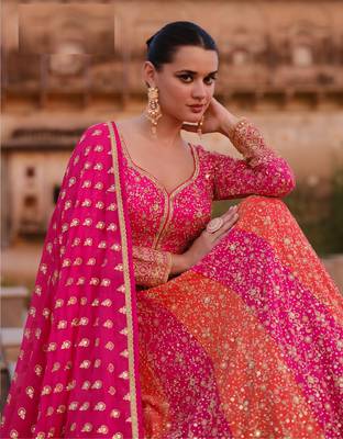 Jiya Georgette Zari Embroidered Hot Pink and Orange Wedding Anarkali Salwar Suit 2
