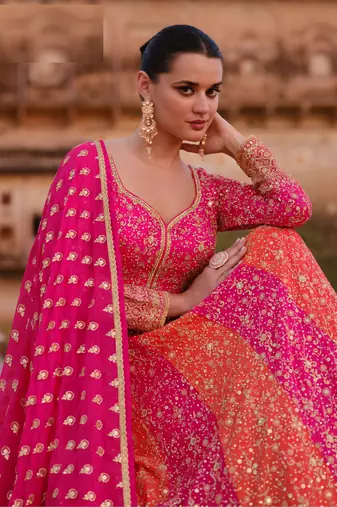 Jiya Georgette Zari Embroidered Hot Pink and Orange Wedding Anarkali Salwar Suit